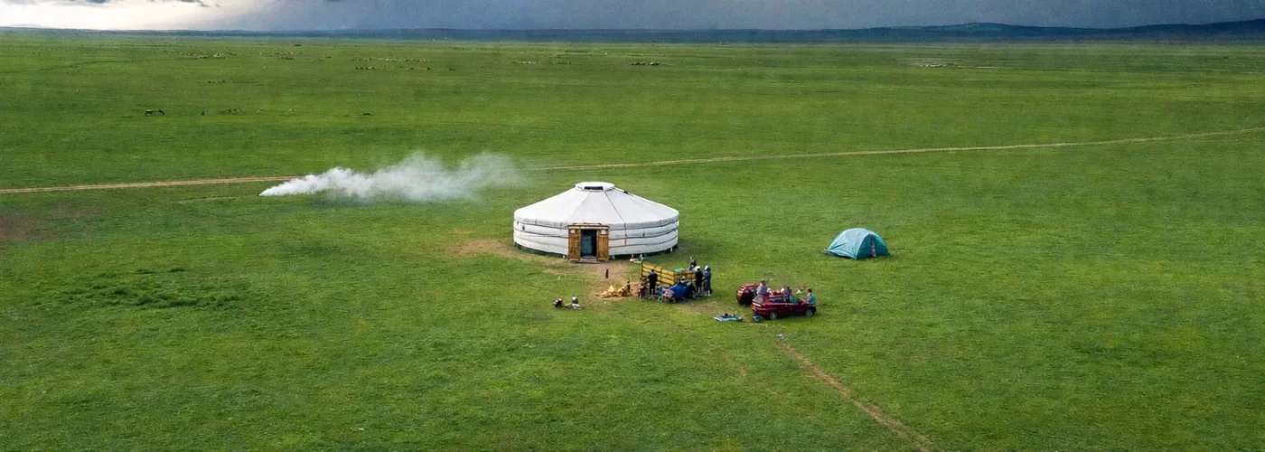 Nomadic family yurt in the open field